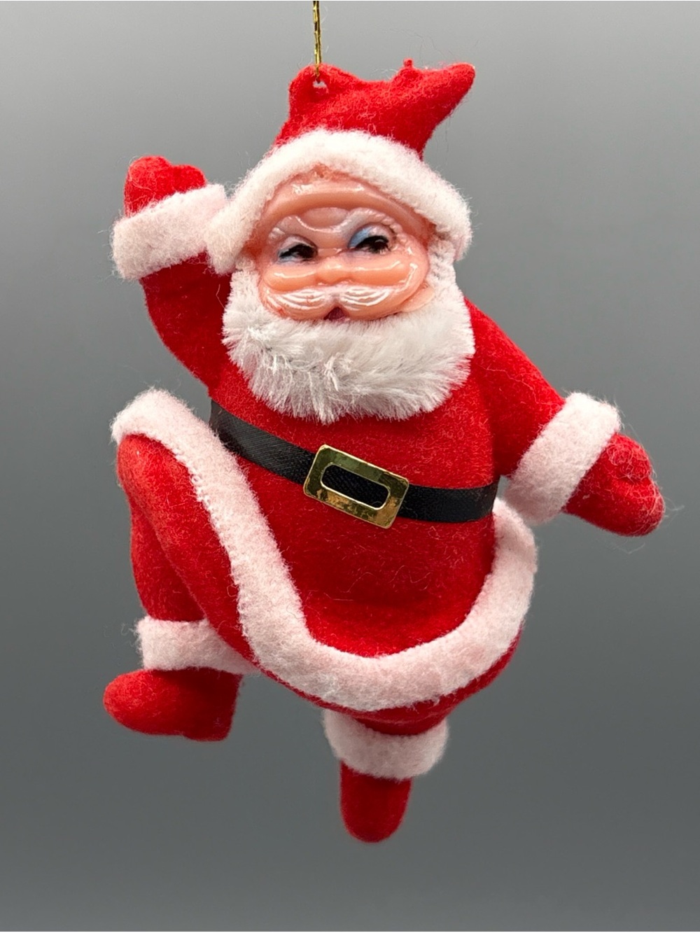 Vintage Santa Claus Flocked Ornament Red Mid Century Dancing Merry 4 Inch Figure